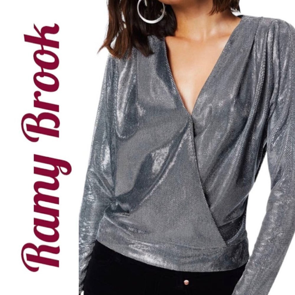 RAMY‎ BROOK Esther Chainmail Metallic Silver Faux Wrap Long Sleeve Blouse, Small
